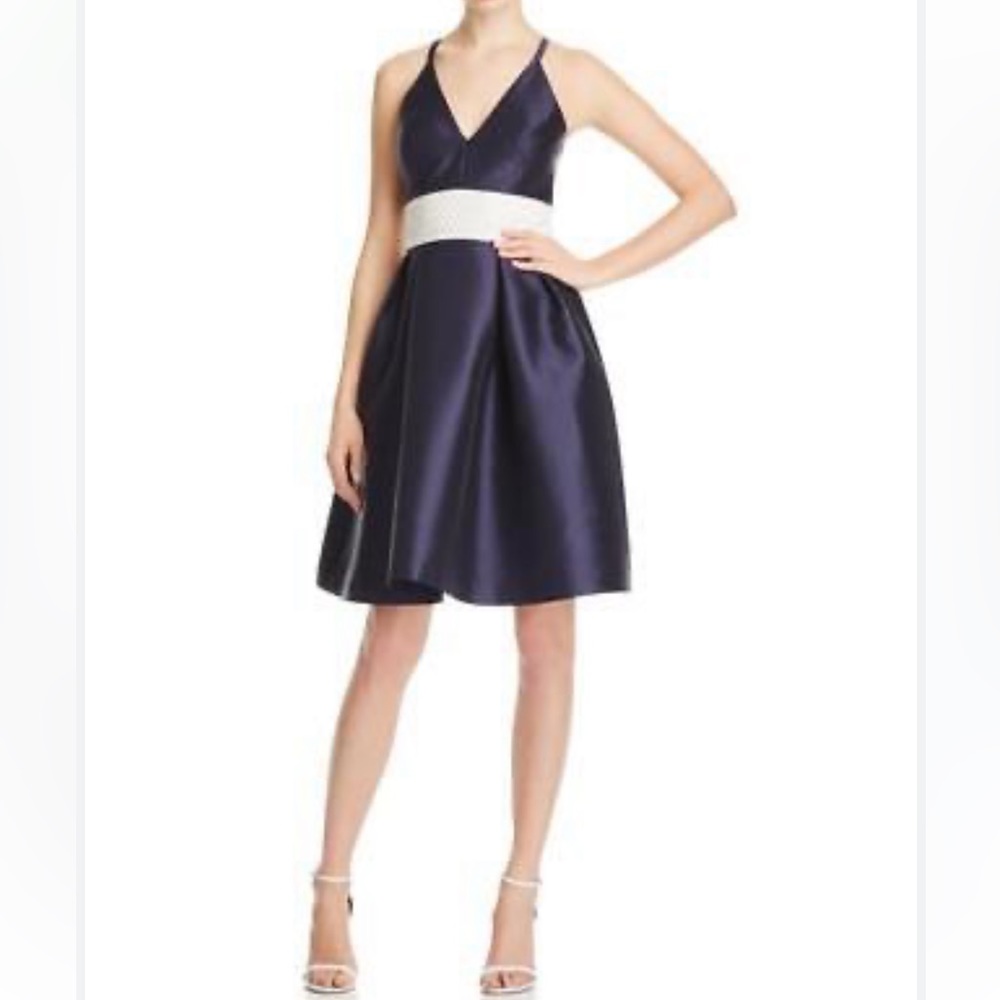 Carmen Marc Valvo Navy Beaded Waist Dress